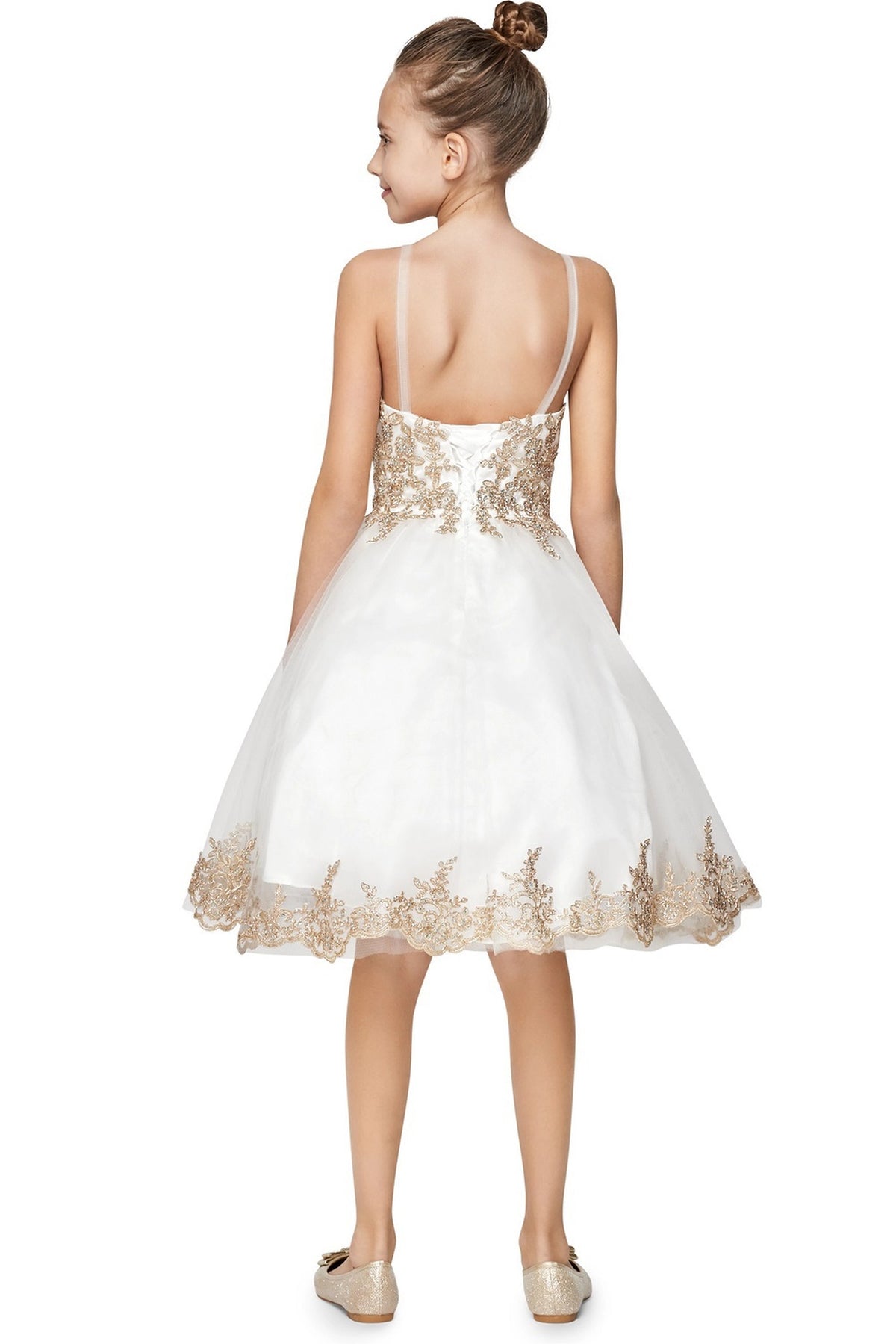 Finished details of contrasting floral appliques and back lacing distinguish the Off-White kids party dress.
