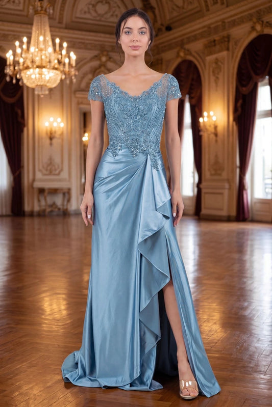 Luminous Dusty Blue mother of the bride mermaid dress displays its full ruffled formal silhouette.