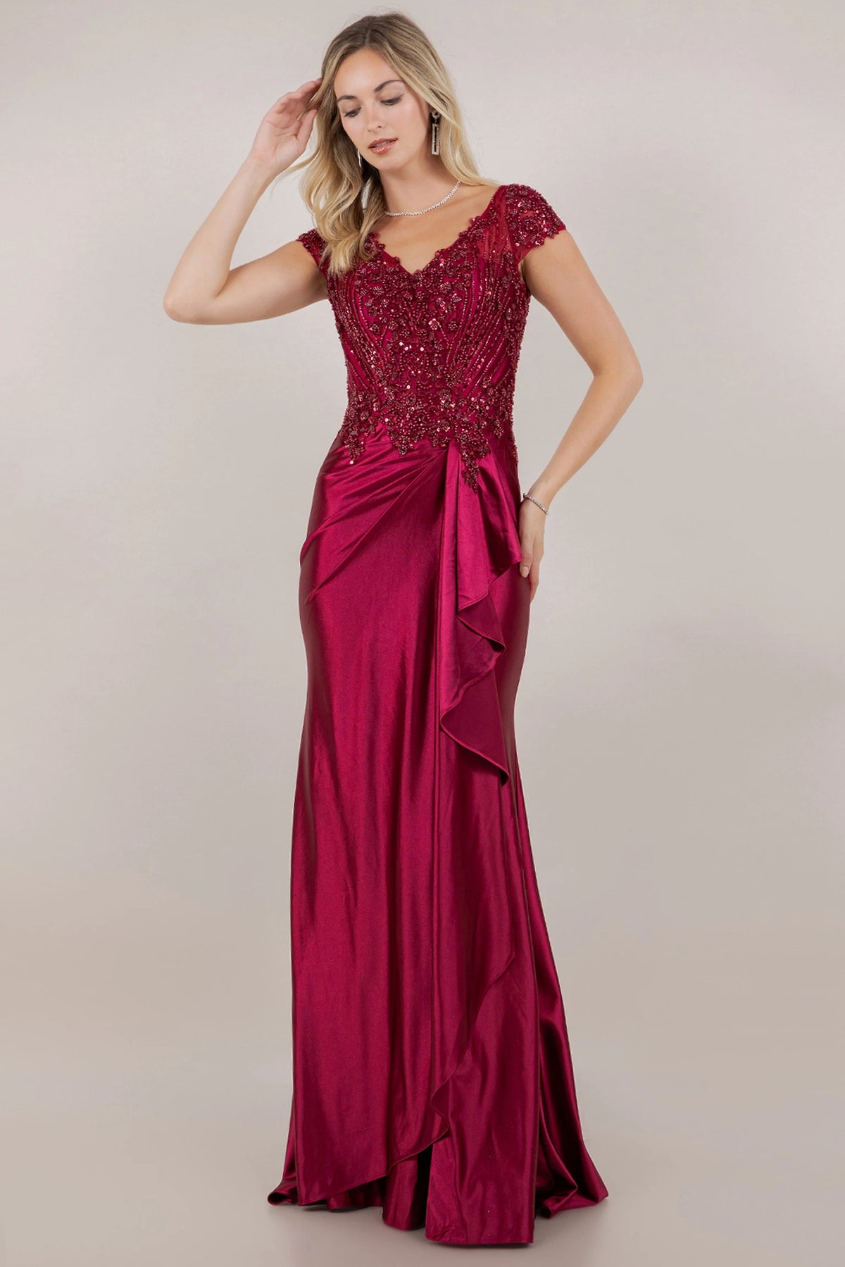 Rich Wine satin mother of the bride mermaid dress features a beaded lace bodice and side ruffle.