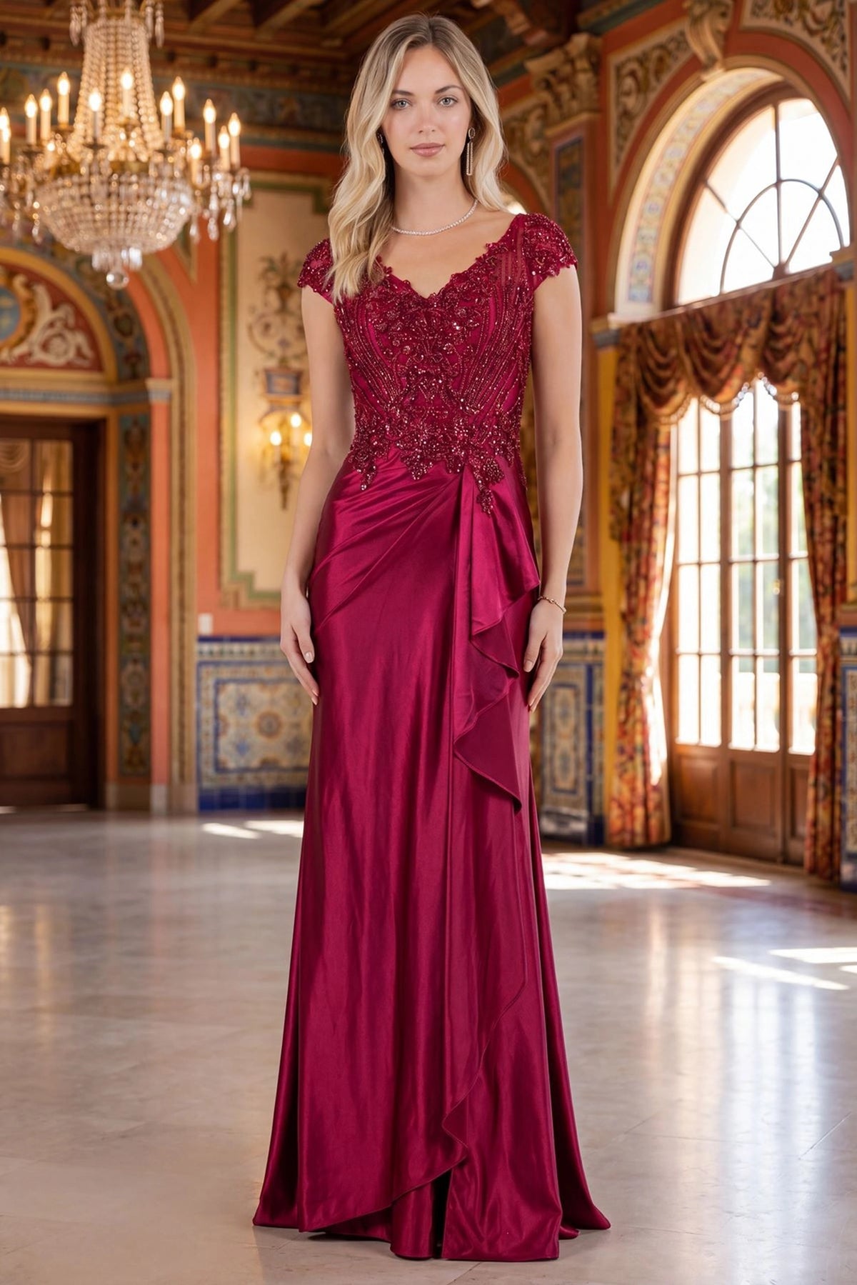 Elegant Wine mother of the bride mermaid dress presents its full cascade-ruffle silhouette.
