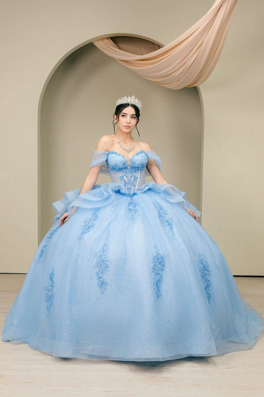Shown in a full-skirt front view, the Blue quinceañera dress has off-shoulder floral bodice and full tulle ball skirt.