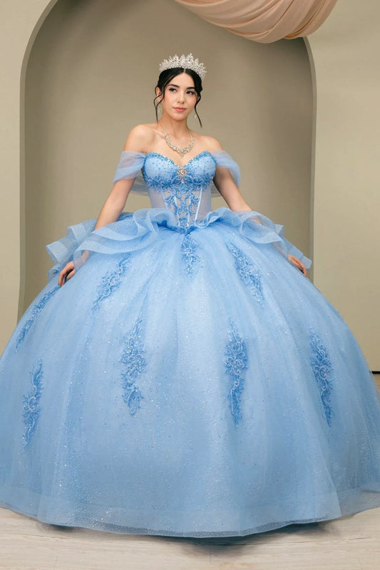 Blue quinceañera dress with off-the-shoulder tulle sleeves and a layered ball gown skirt.
