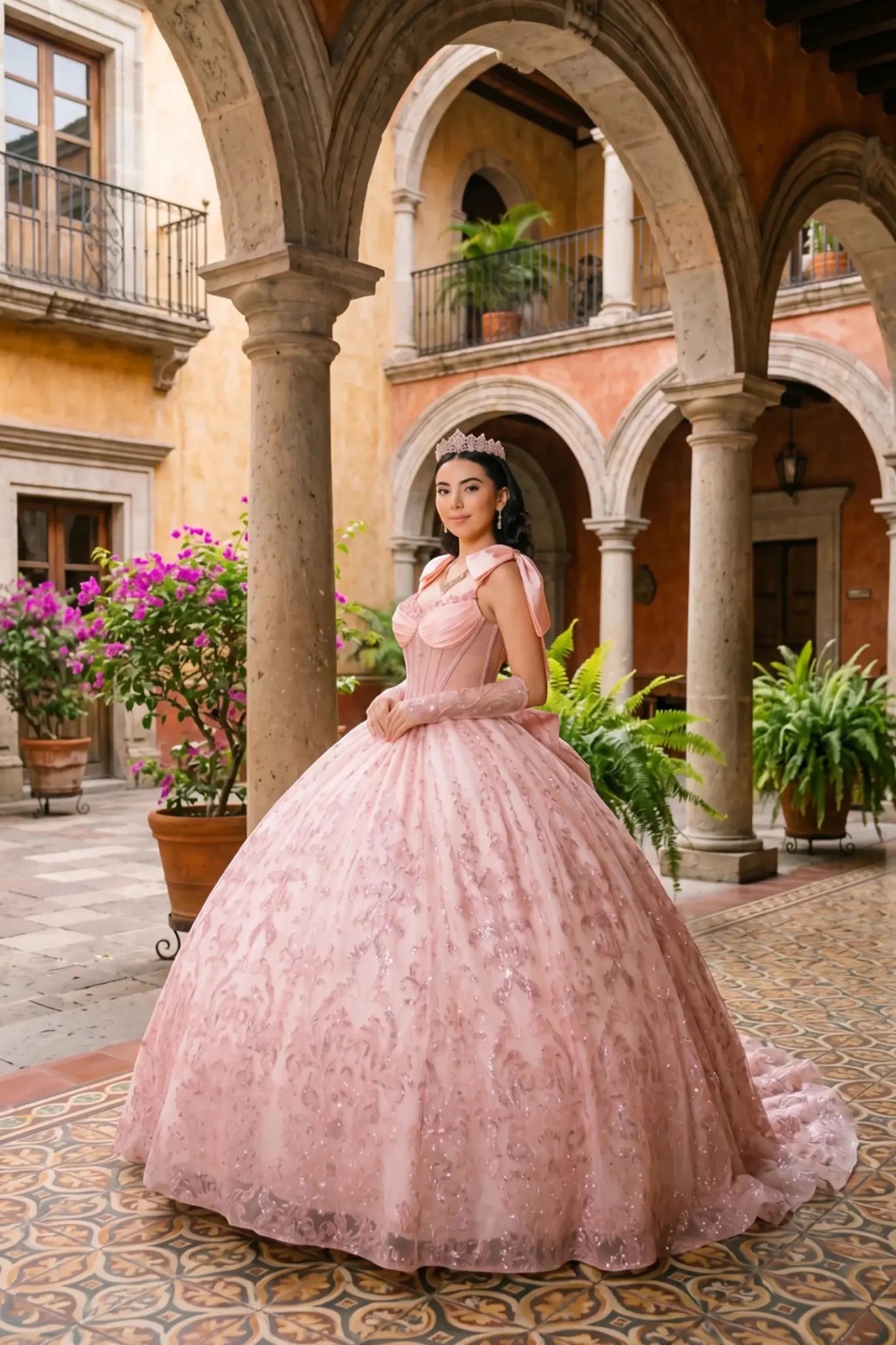 Side view of a woman wearing blush off-shoulder sweetheart quinceañera dress with beaded corset bodice, lace appliqué, and layered tulle skirt