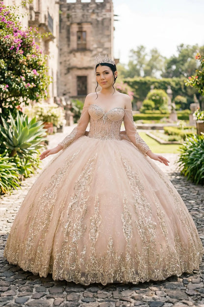 Full front view of a woman wearing mocha quinceañera dress with layered tulle skirt, gold embroidered bodice, and corset fit.