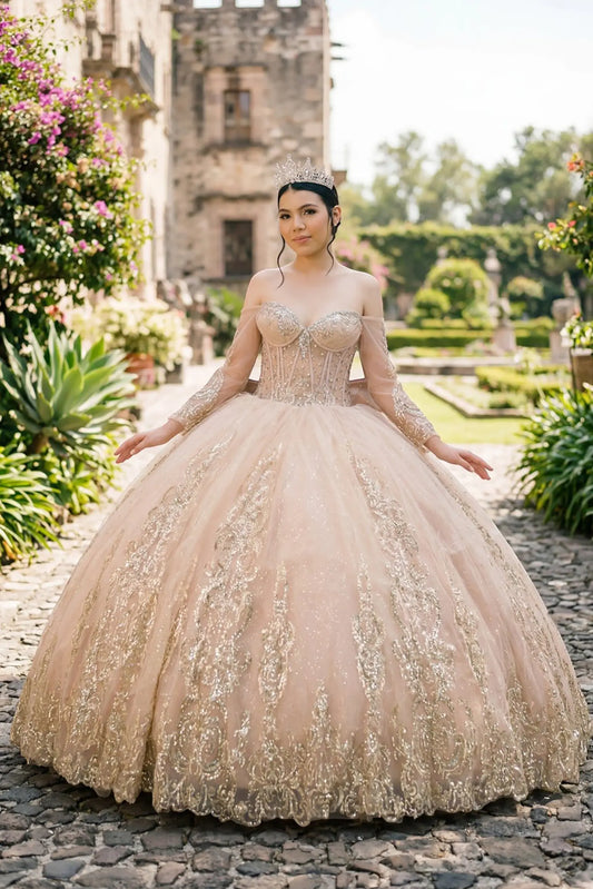 Full front view of a woman wearing mocha quinceañera dress with layered tulle skirt, gold embroidered bodice, and corset fit.