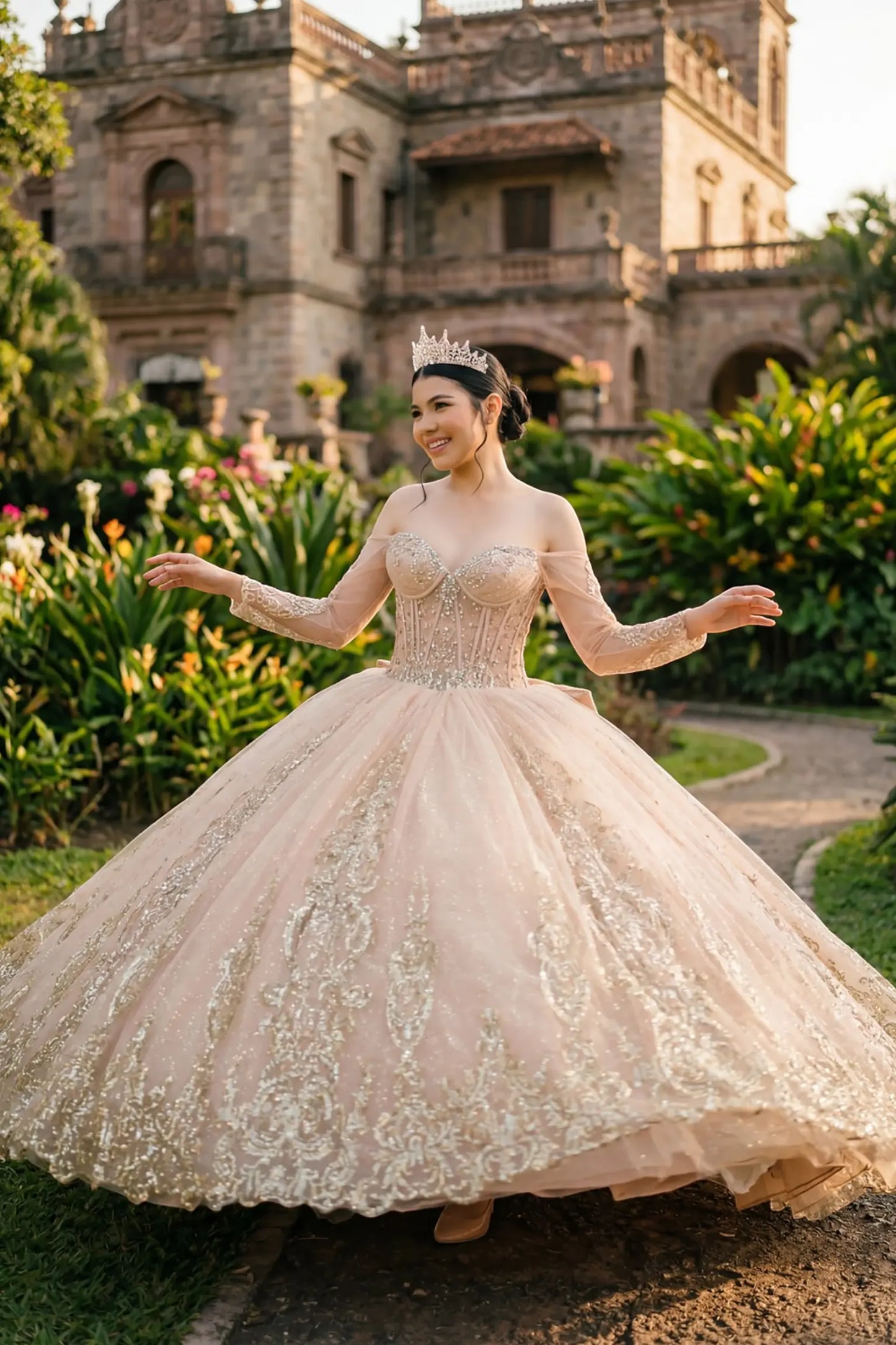 Full front view of a woman wearing mocha quinceañera dress with layered tulle skirt, gold embroidered bodice