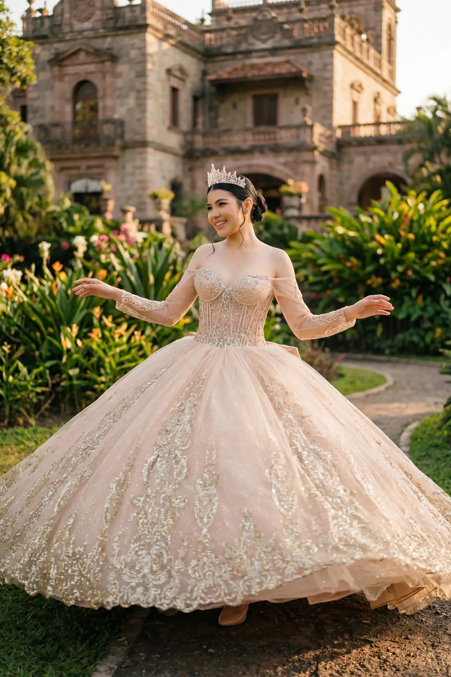Full front view of a woman wearing mocha quinceañera dress with layered tulle skirt, gold embroidered bodice