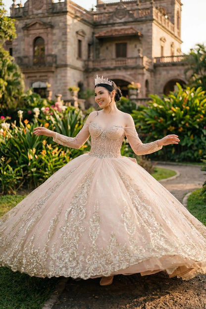 Full front view of a woman wearing mocha quinceañera dress with layered tulle skirt, gold embroidered bodice
