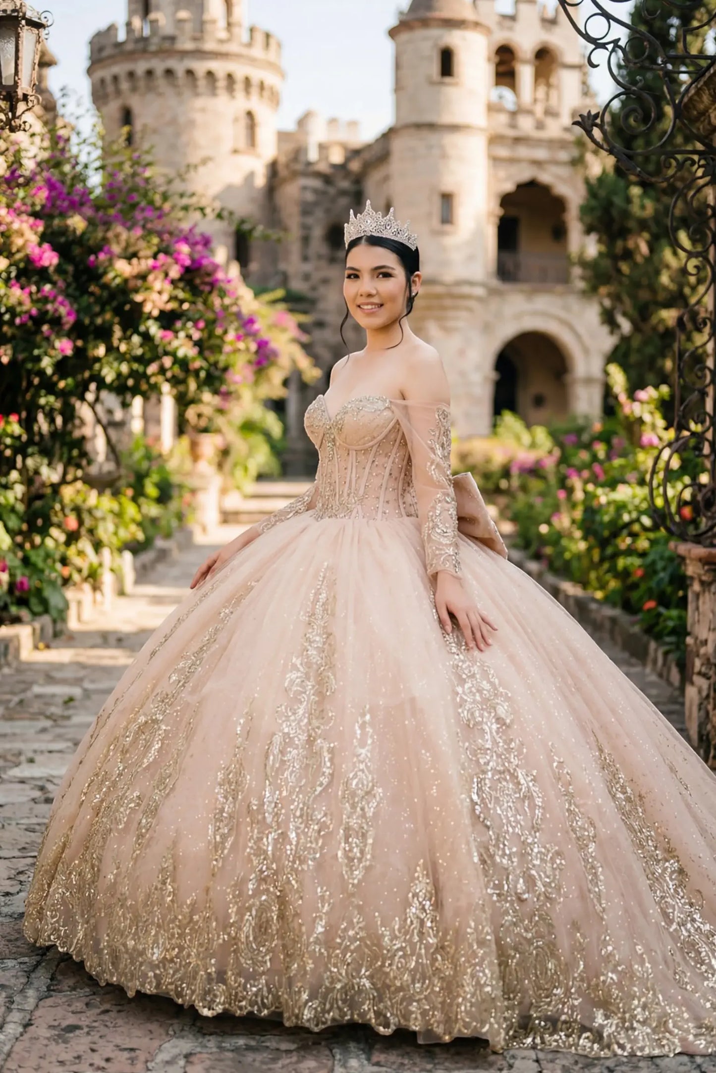 Side full view of a woman wearing mocha quinceañera dress highlighting layered tulle skirt, embroidered bodice, and corset silhouette.