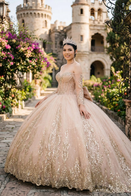 Side full view of a woman wearing mocha quinceañera dress highlighting layered tulle skirt, embroidered bodice, and corset silhouette.