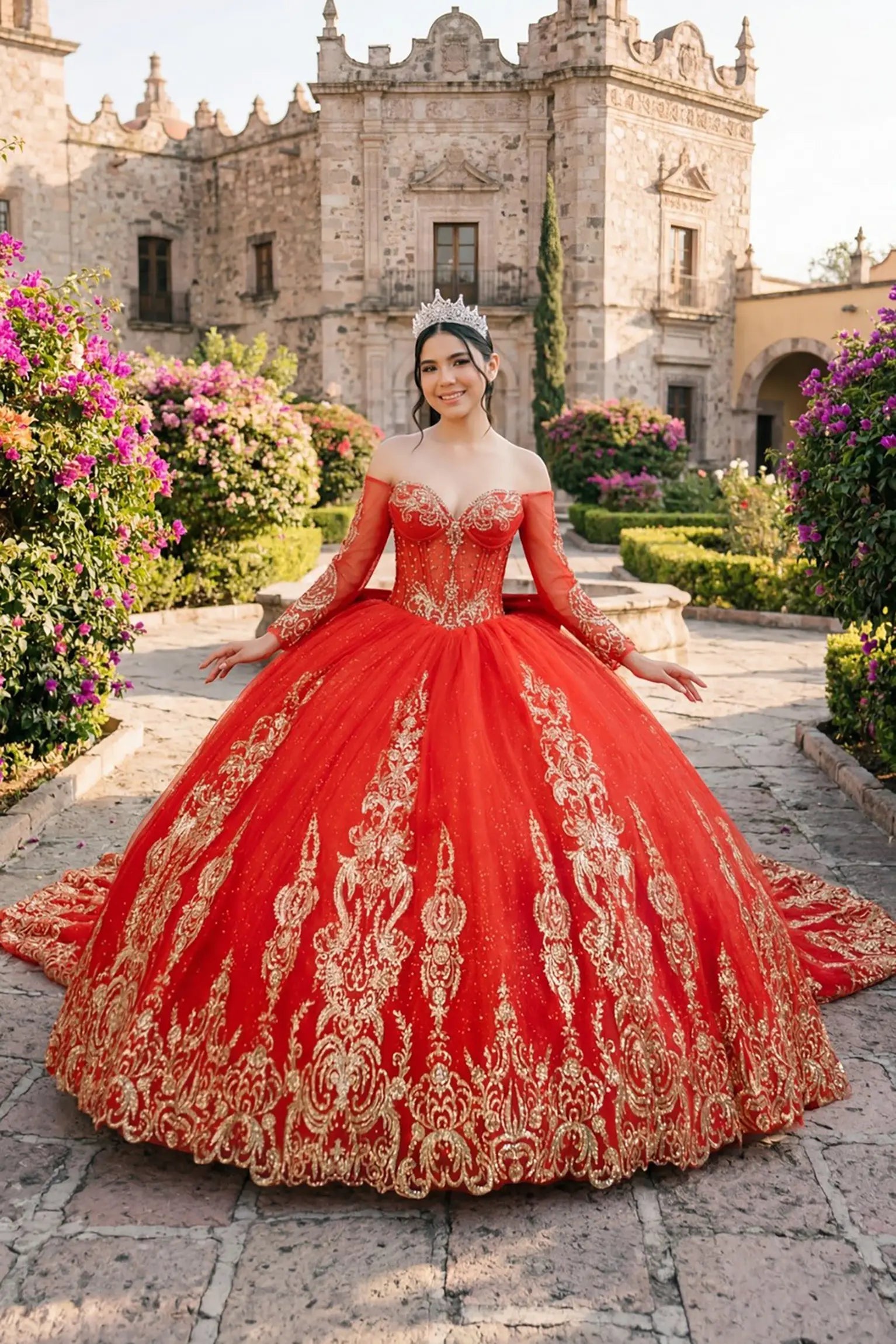 Full front view of a woman wearing red quinceañera dress with glitter tulle skirt, gold embroidered bodice, and corset fit.
