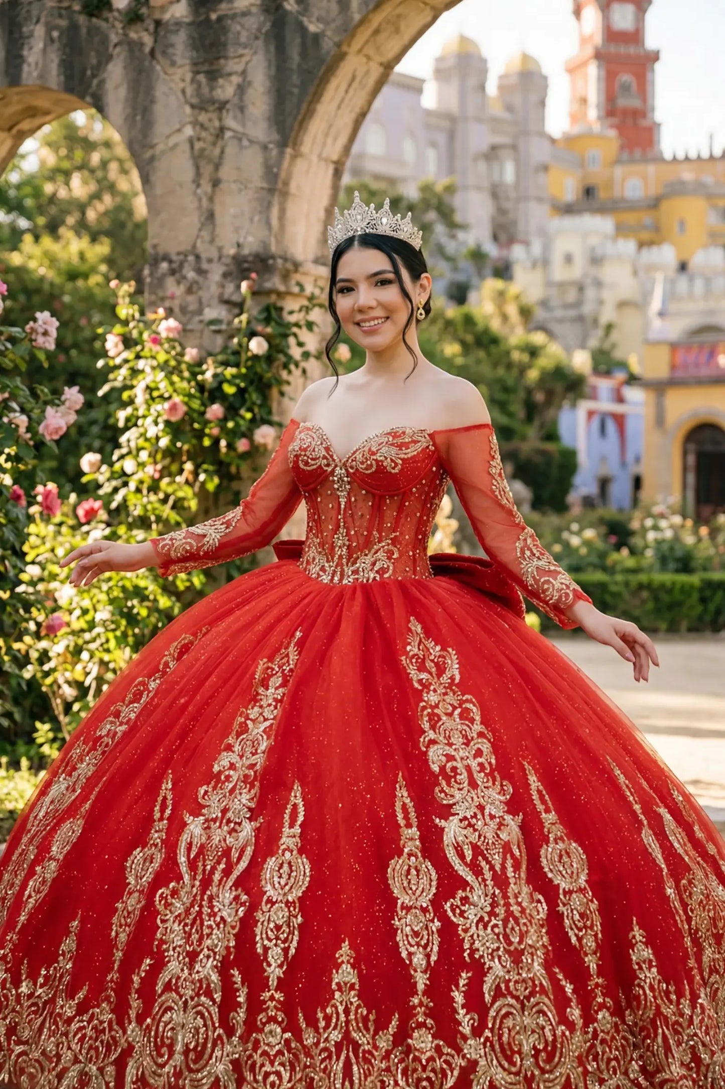 Full front view of a woman wearing red quinceañera dress with glitter tulle skirt, gold embroidered bodice, and corset fit.