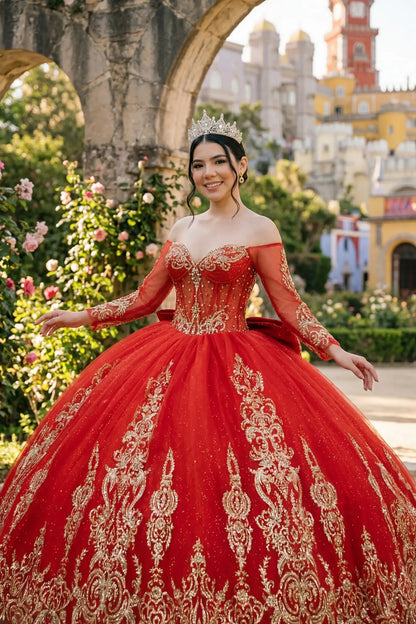 Full front view of a woman wearing red quinceañera dress with glitter tulle skirt, gold embroidered bodice, and corset fit.