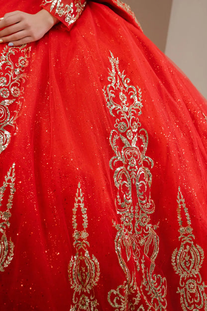 close-up of a woman wearing red quinceañera dress showing intricate gold embroidery, sequins, and beadwork details.