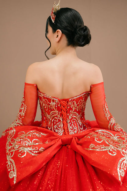 Bodice back close-up of a woman wearing red quinceañera dress with gold embroidery, sequins, and lace-up corset design.