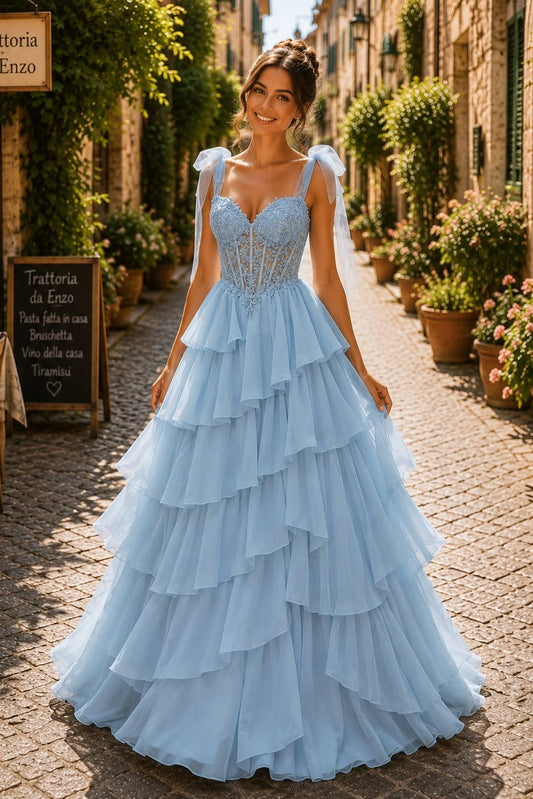 Blue prom and evening dress with a sweetheart neckline and chiffon skirt.