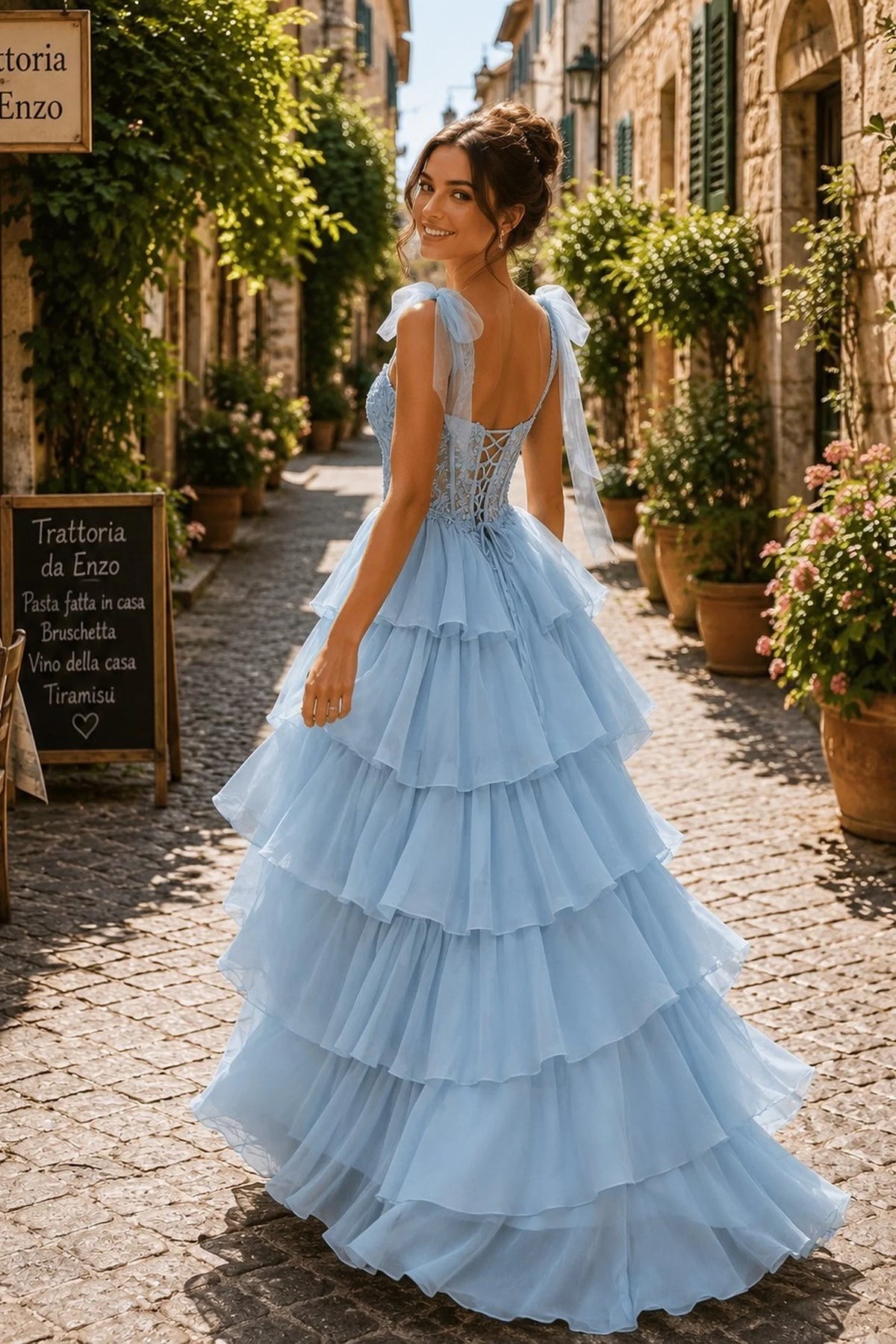 Back view of this Blue prom and evening dress highlights the lace-up back.