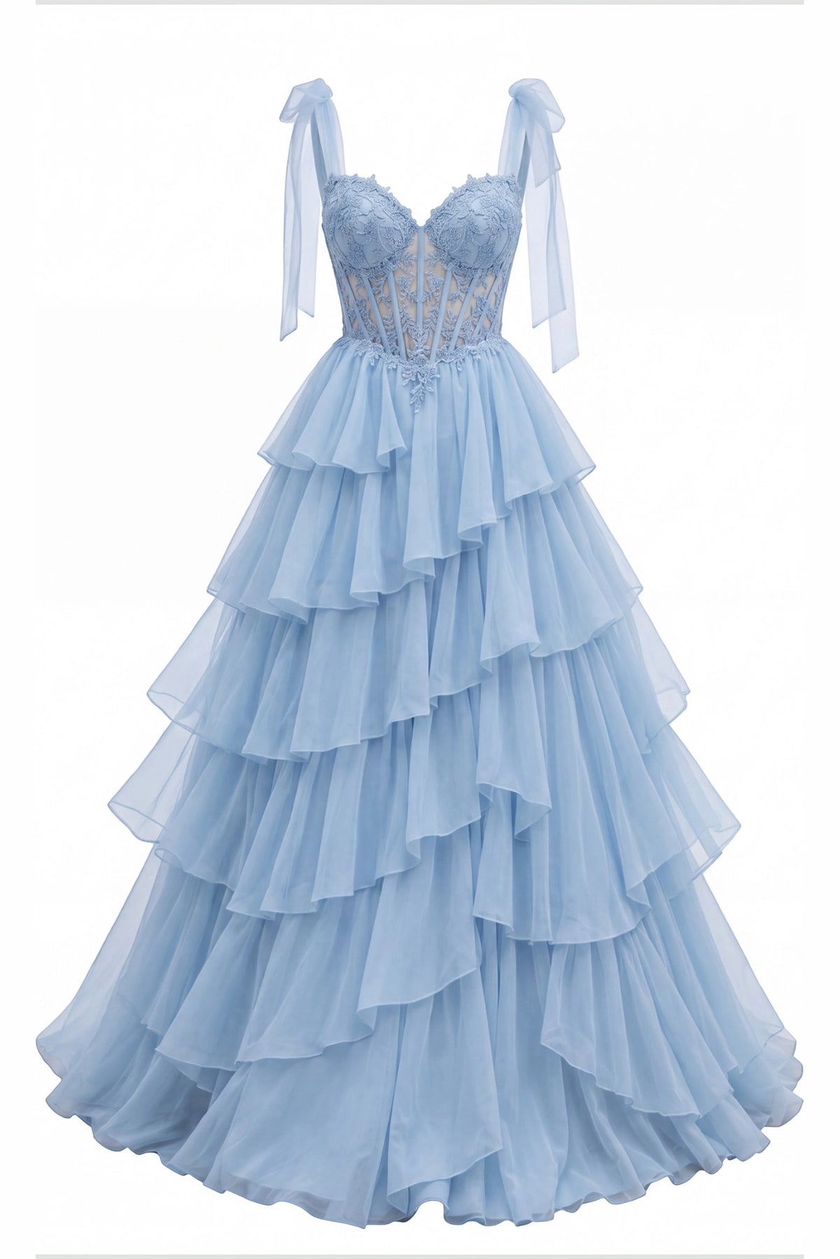 Ruffled layers shape this Blue prom and evening dress.