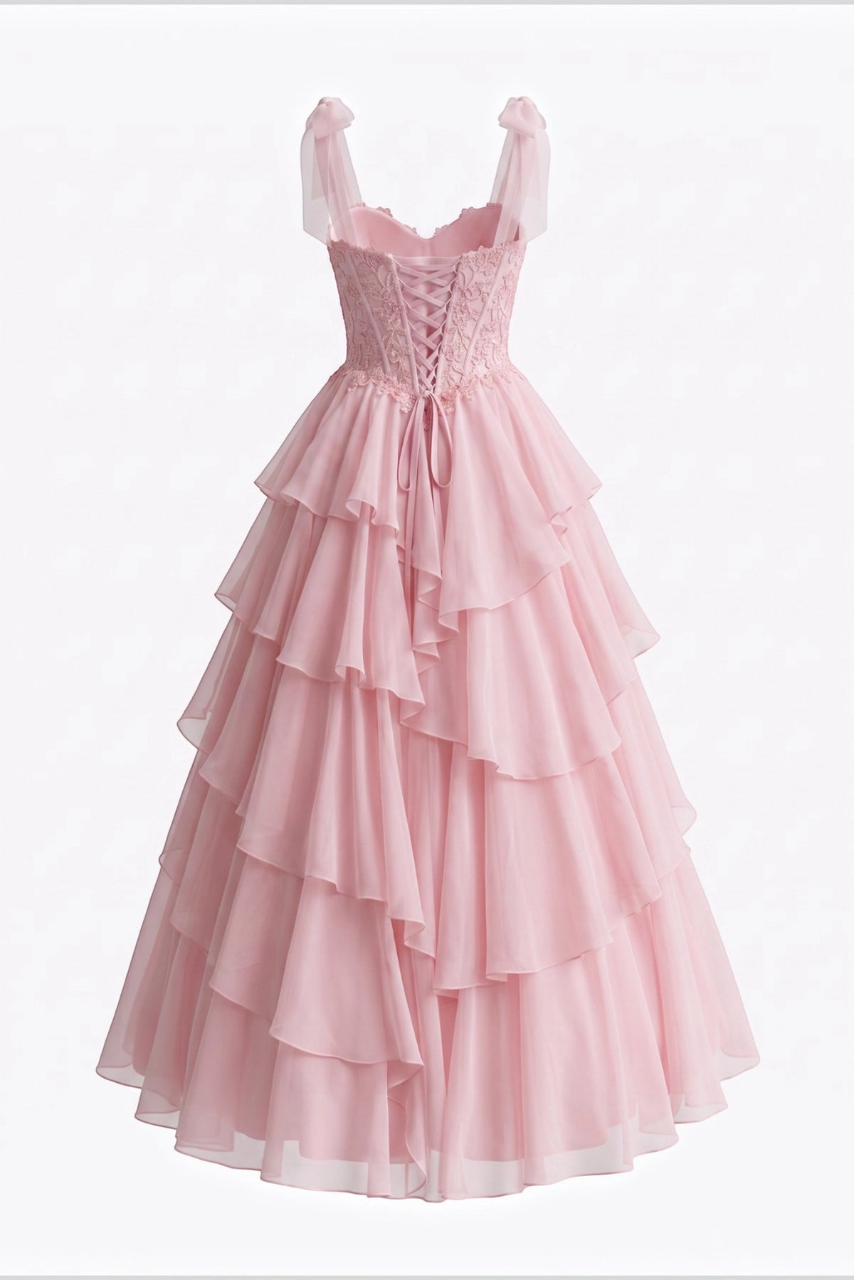 Sweeping hem finishes the back of this Pink prom and evening dress.