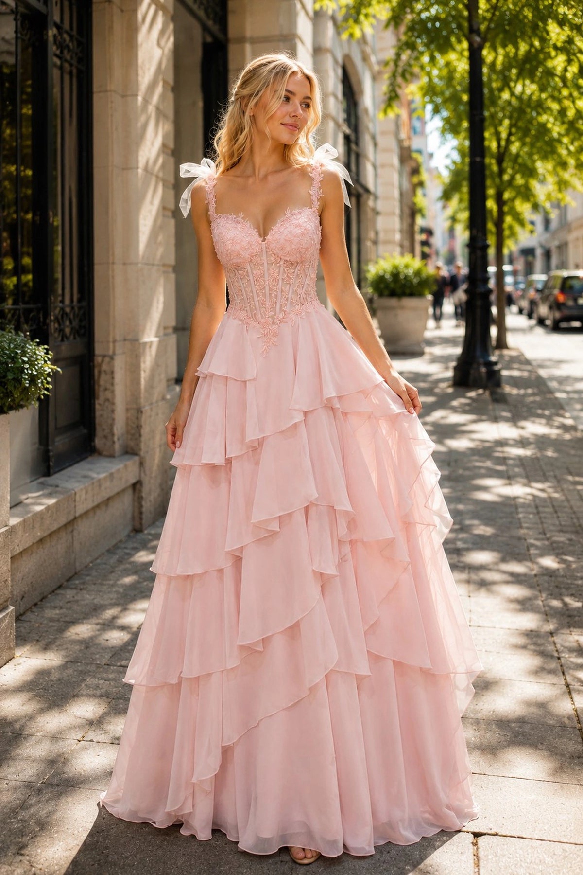 Pink prom and evening dress with a sweetheart neckline and chiffon skirt.