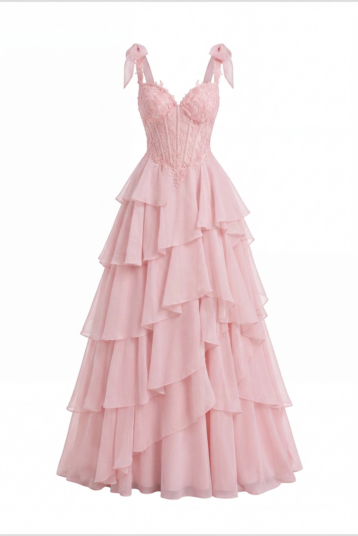 Ruffled layers shape this Pink prom and evening dress.