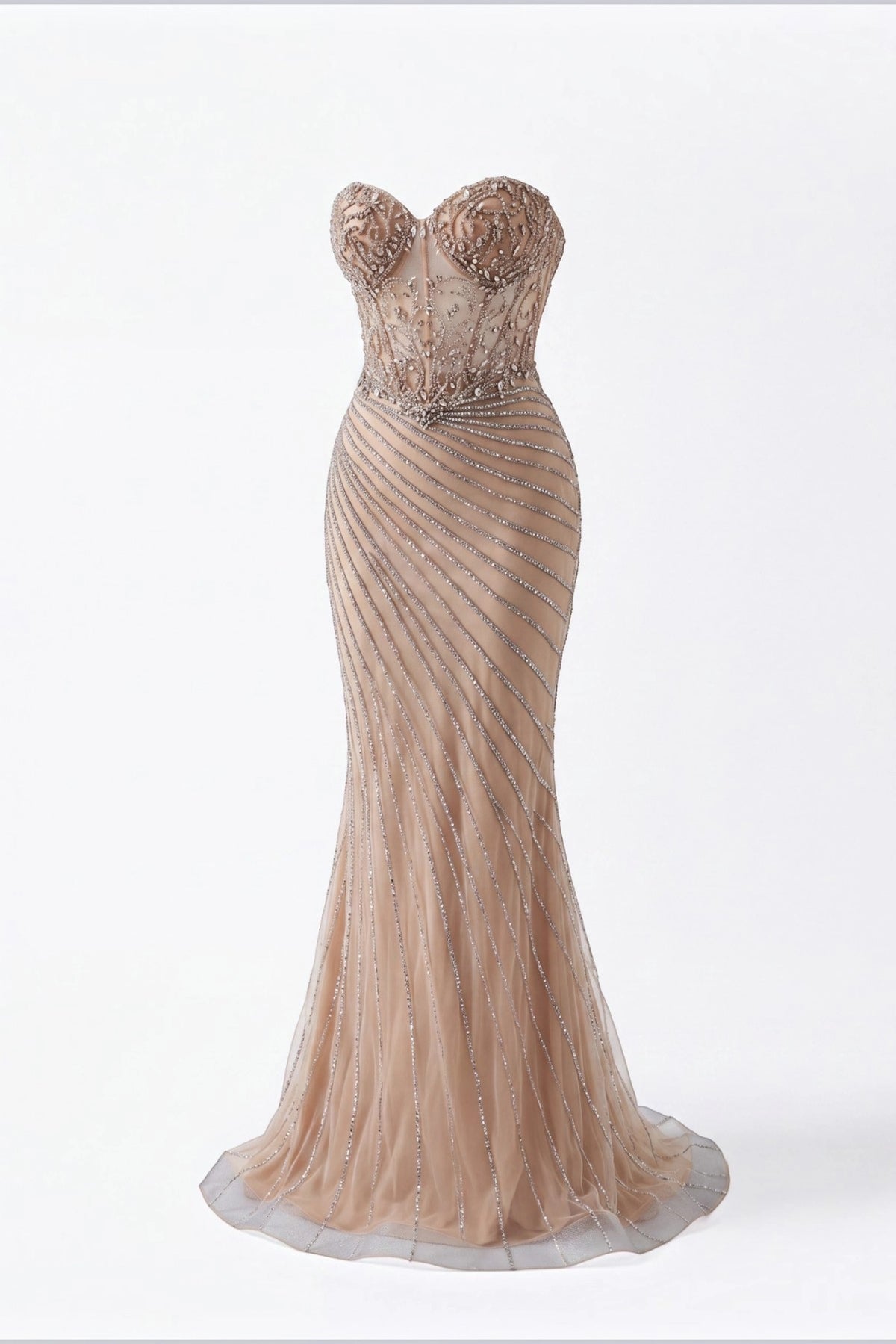 Beaded detailing accents this Champagne prom and evening dress.
