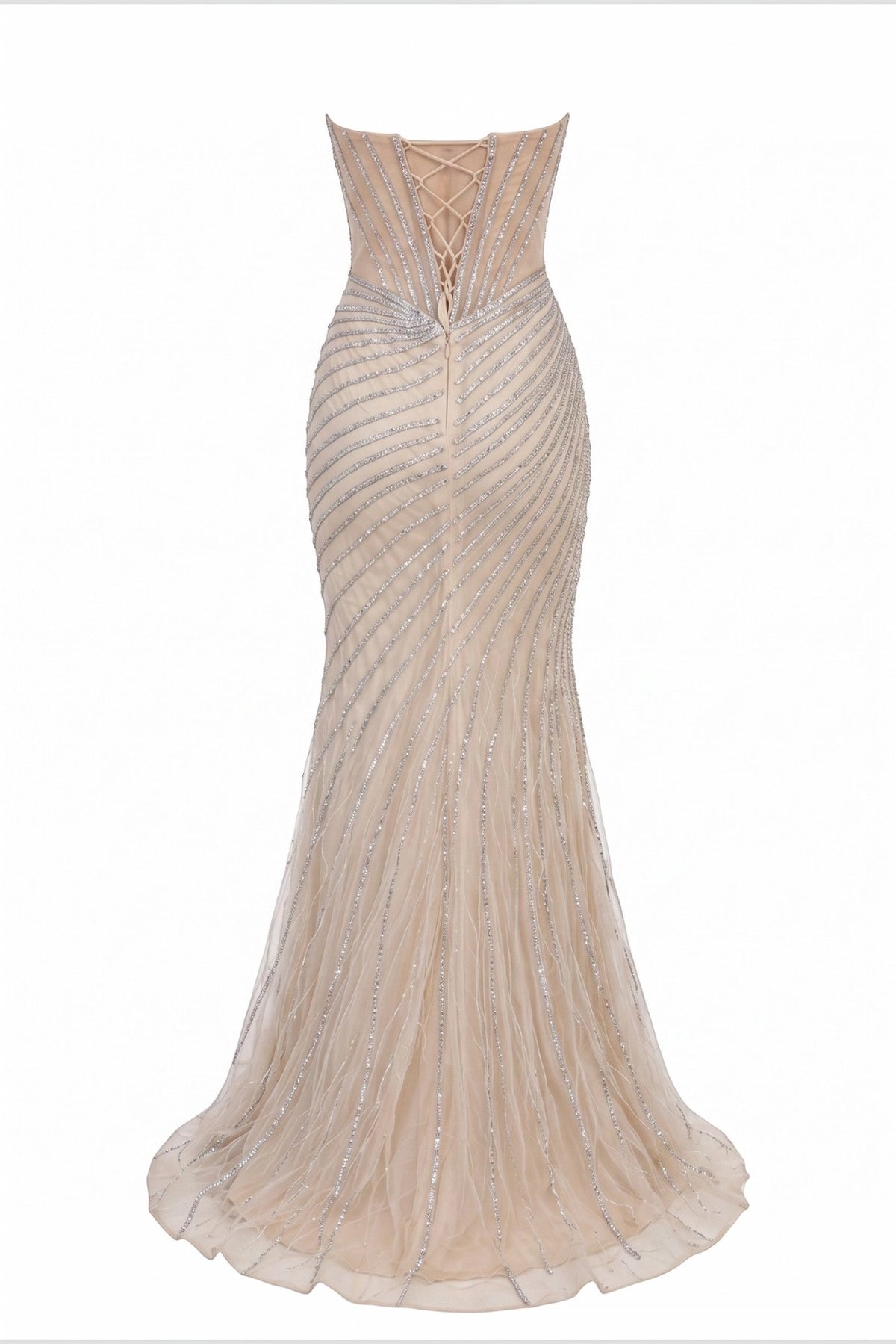 Back view of this Champagne prom and evening dress highlights the fitted back and flowing hem.