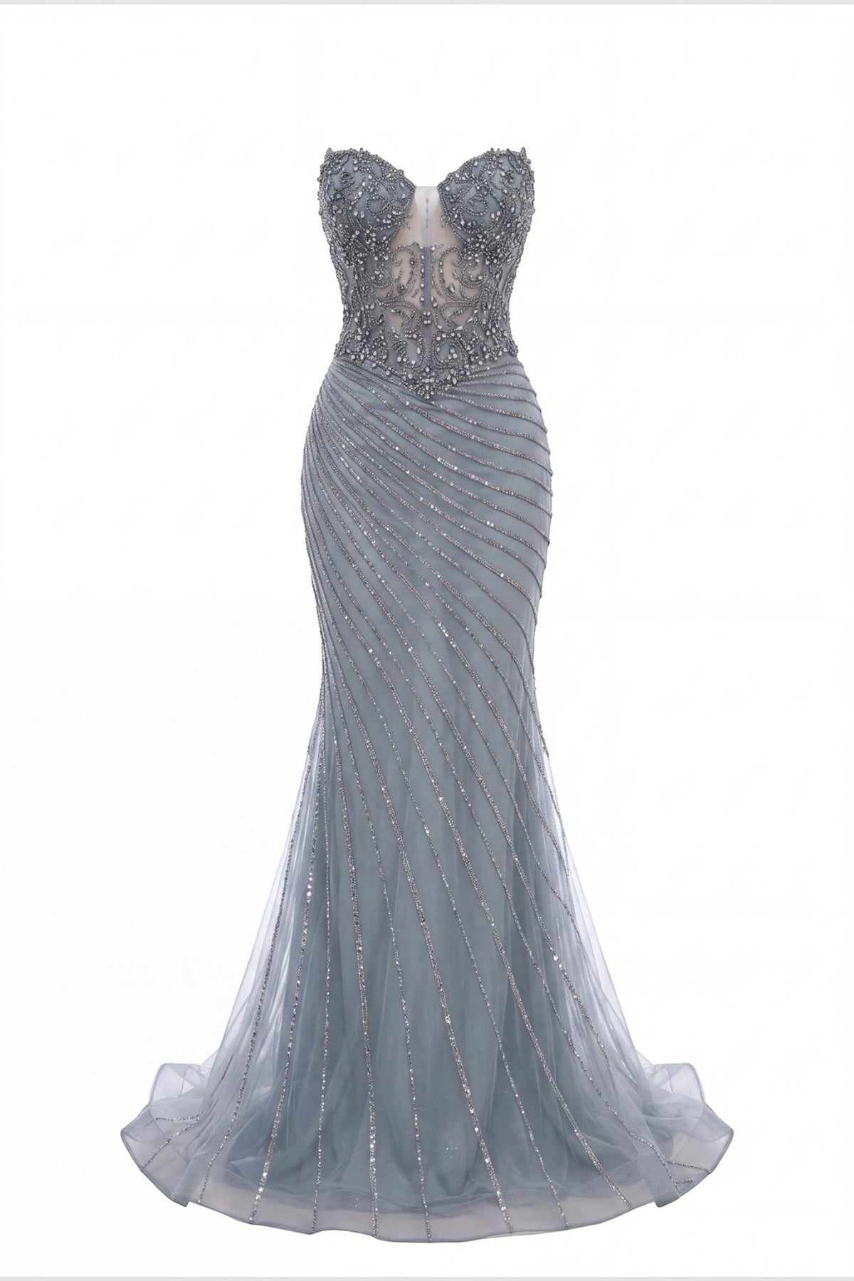Beaded detailing accents this Sage prom and evening dress.