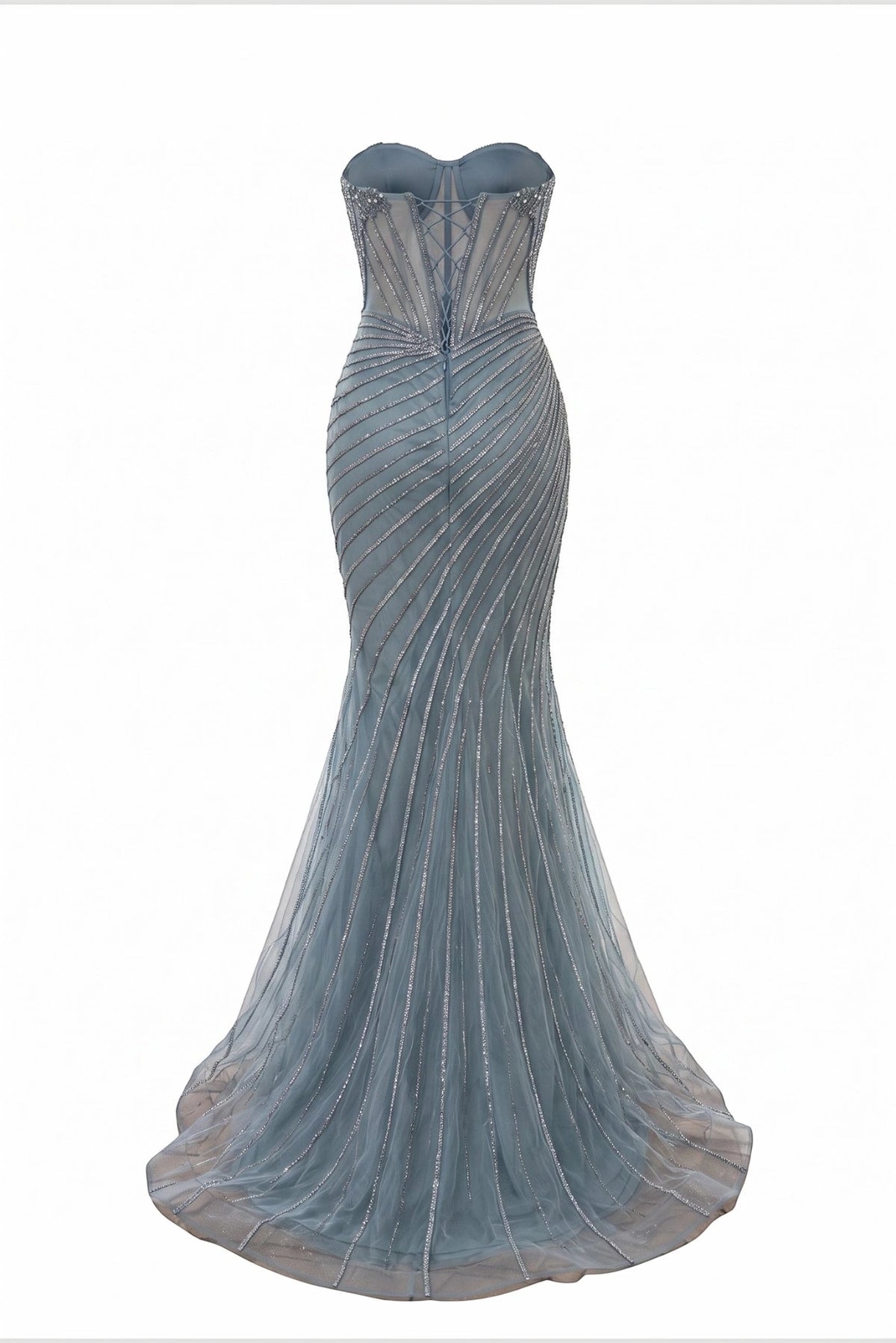 Back view of this Sage prom and evening dress highlights the fitted back and flowing hem.