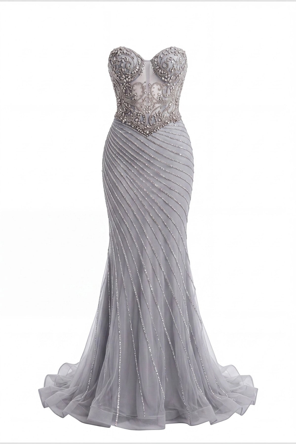 Beaded detailing accents this Silver prom and evening dress.