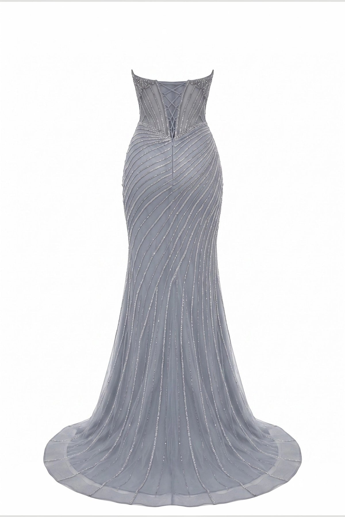 Back view of this Silver prom and evening dress highlights the fitted back and flowing hem.