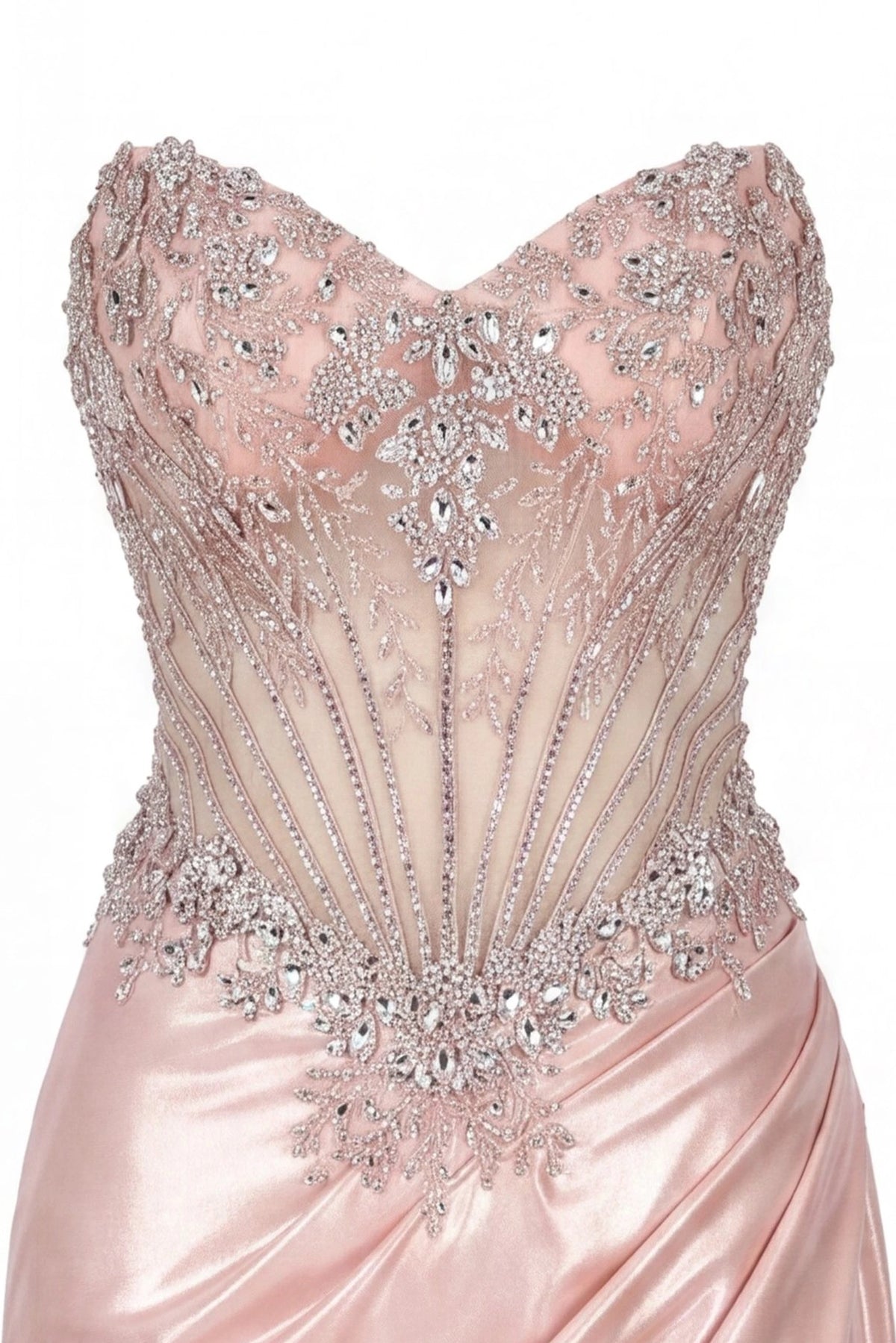 Detail of this Blush prom and evening dress shows sparkling beadwork.