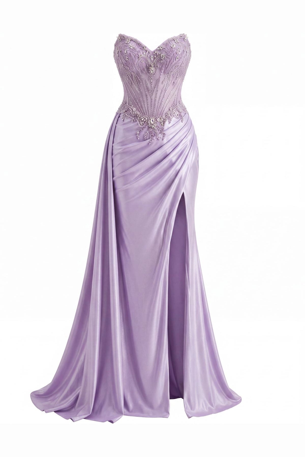 Beaded detailing accents this Lilac prom and evening dress.