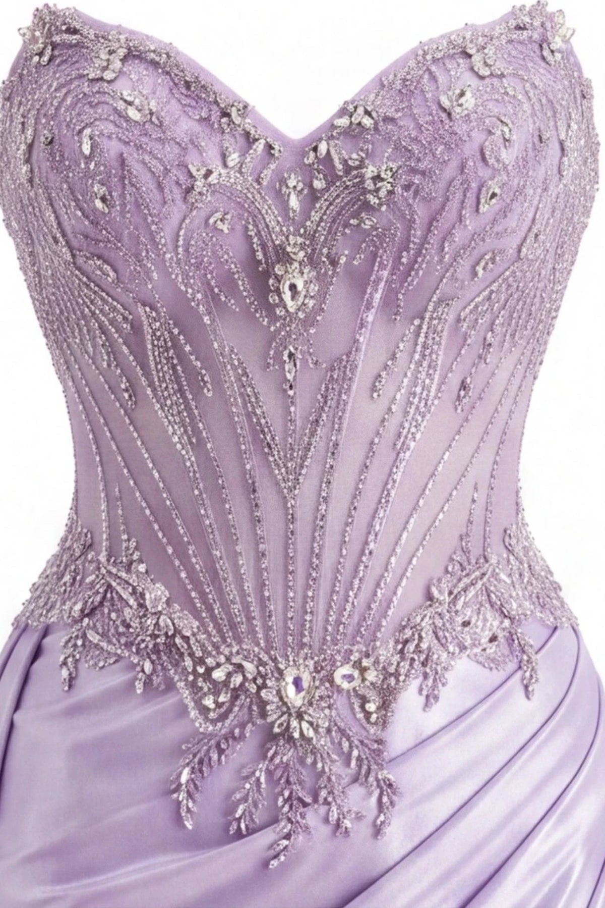 Detail of this Lilac prom and evening dress shows sparkling beadwork.