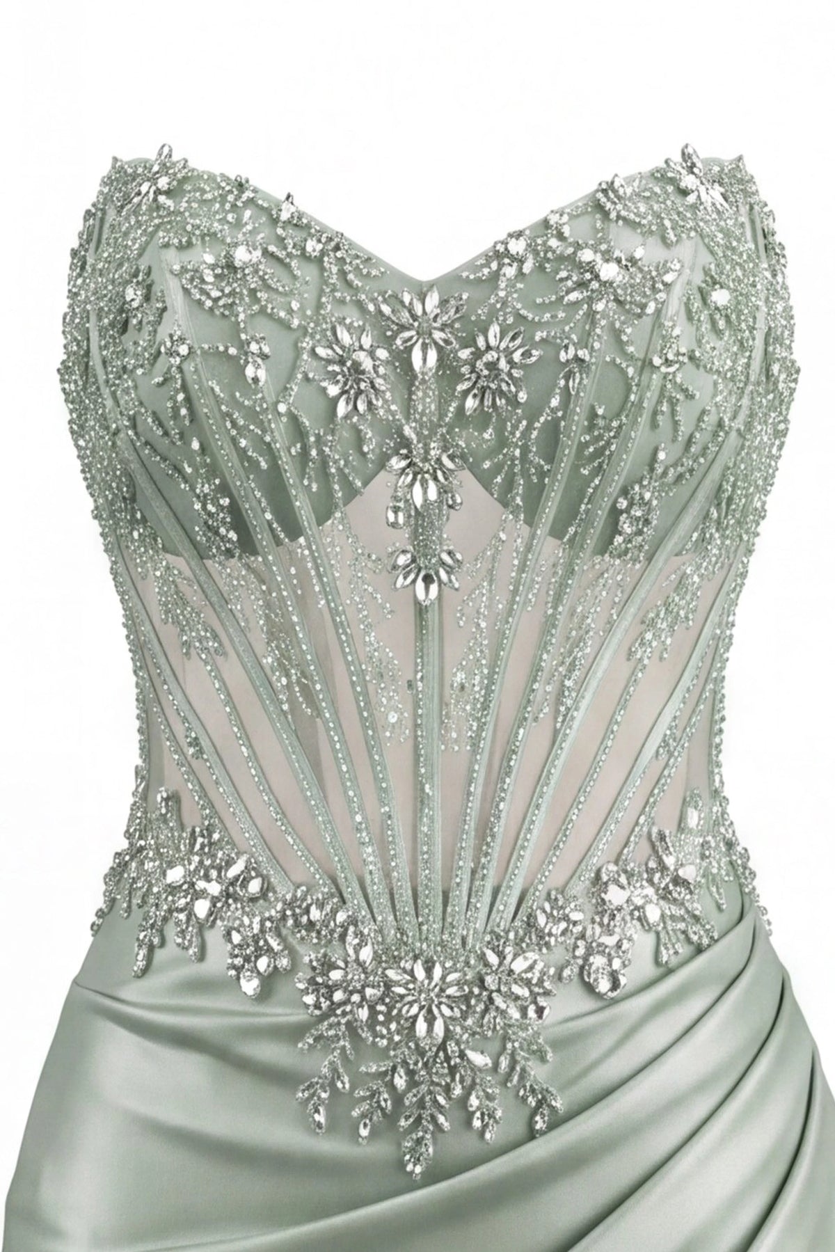 Detail of this Sage prom and evening dress shows sparkling beadwork.