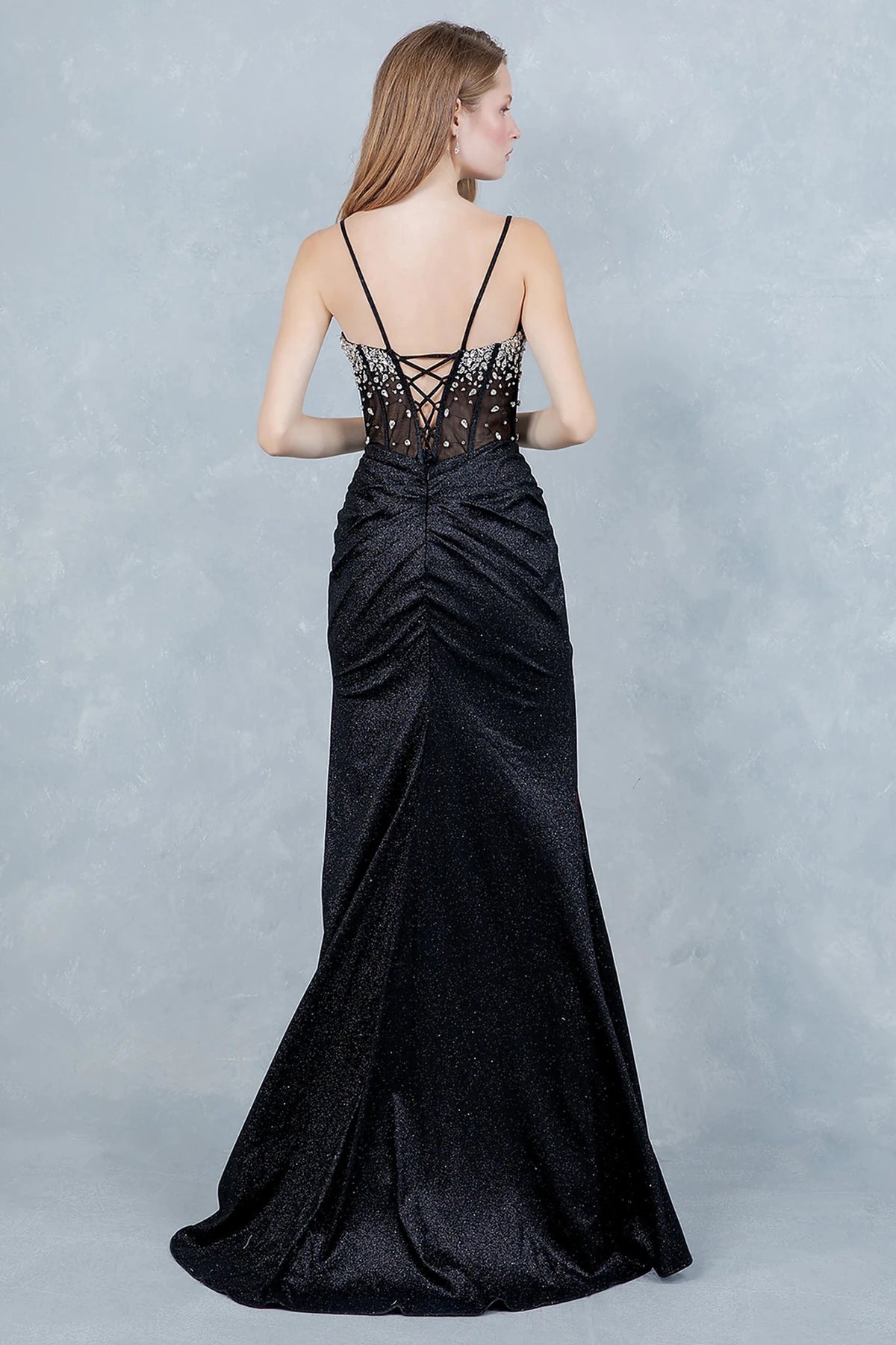 Black evening gown showcasing lace-up back with delicate spaghetti straps