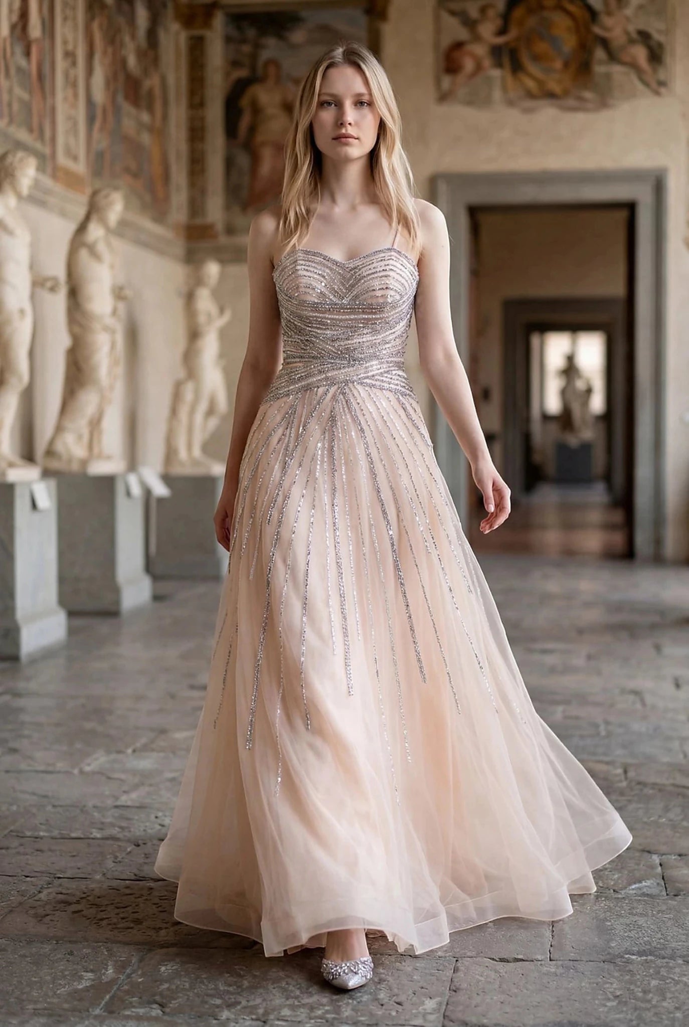 Champagne evening dress with fitted corset bodice