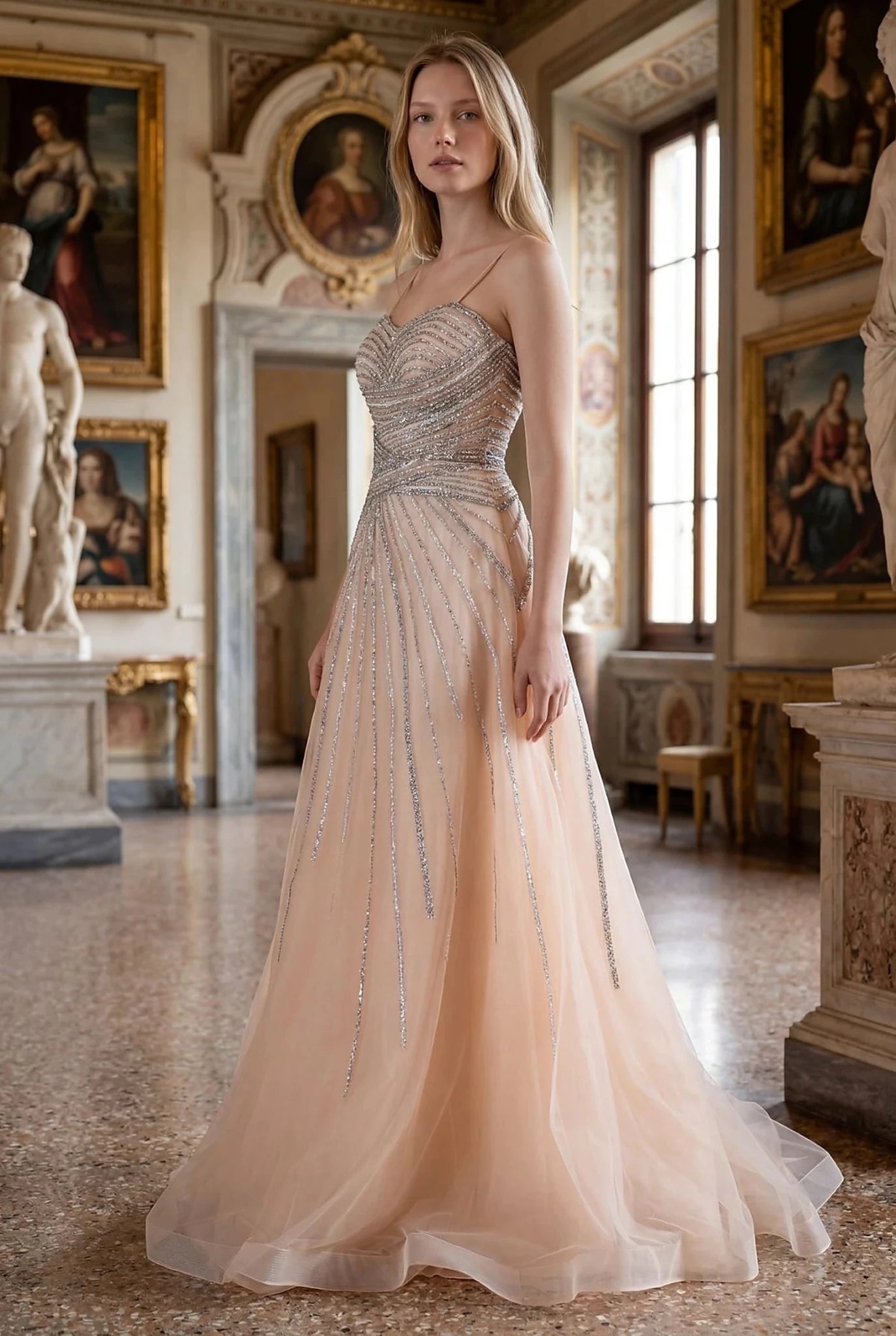 Champagne evening dress showcasing layered tulle A-line skirt