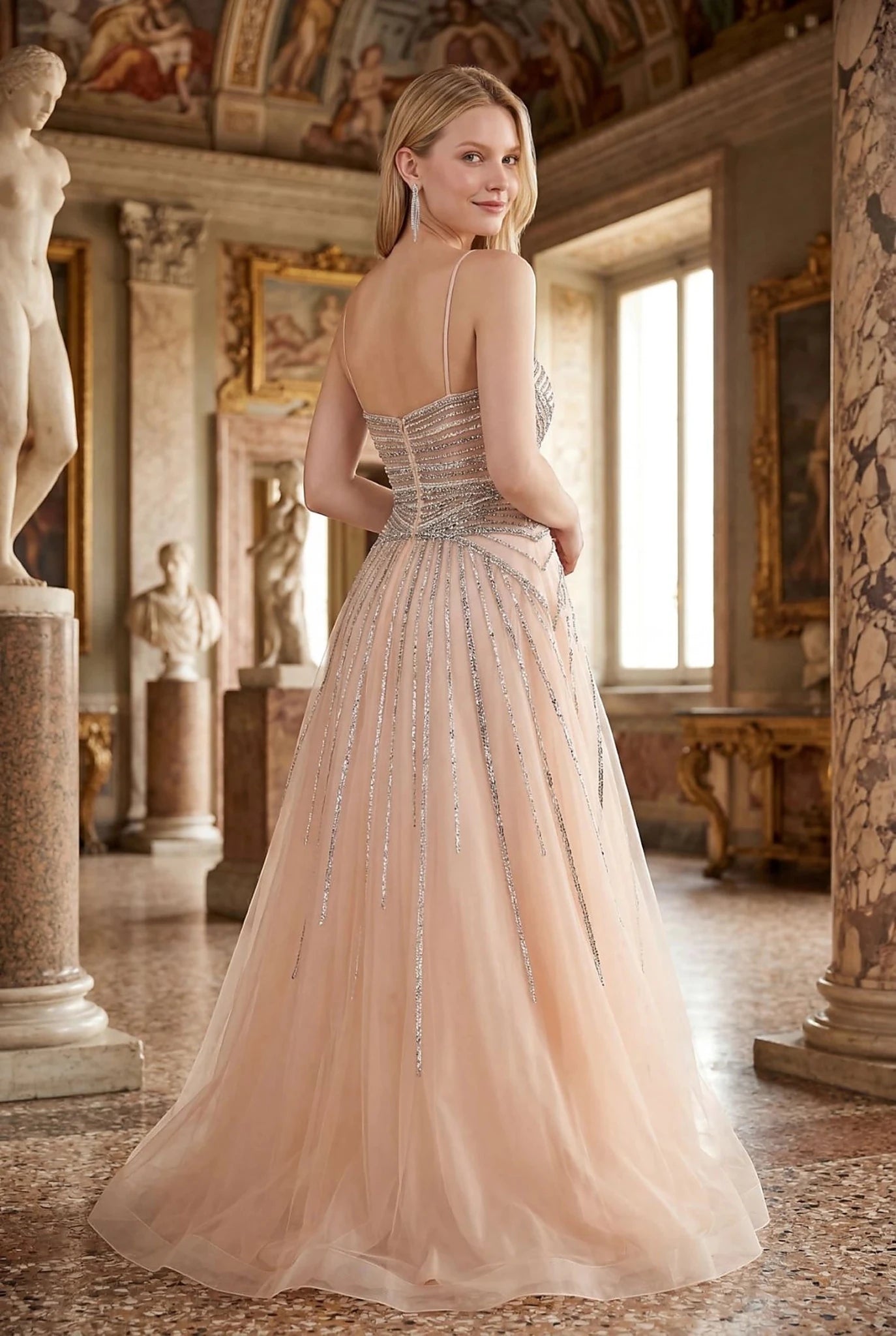 Champagne evening dress designed with zipper back closure
