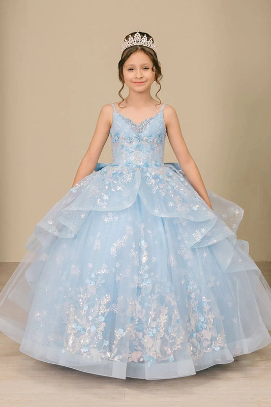 Front view of mini quinceañera mini quince dress with V-neck corset bodice, sequin floral embroidery, and layered skirt.