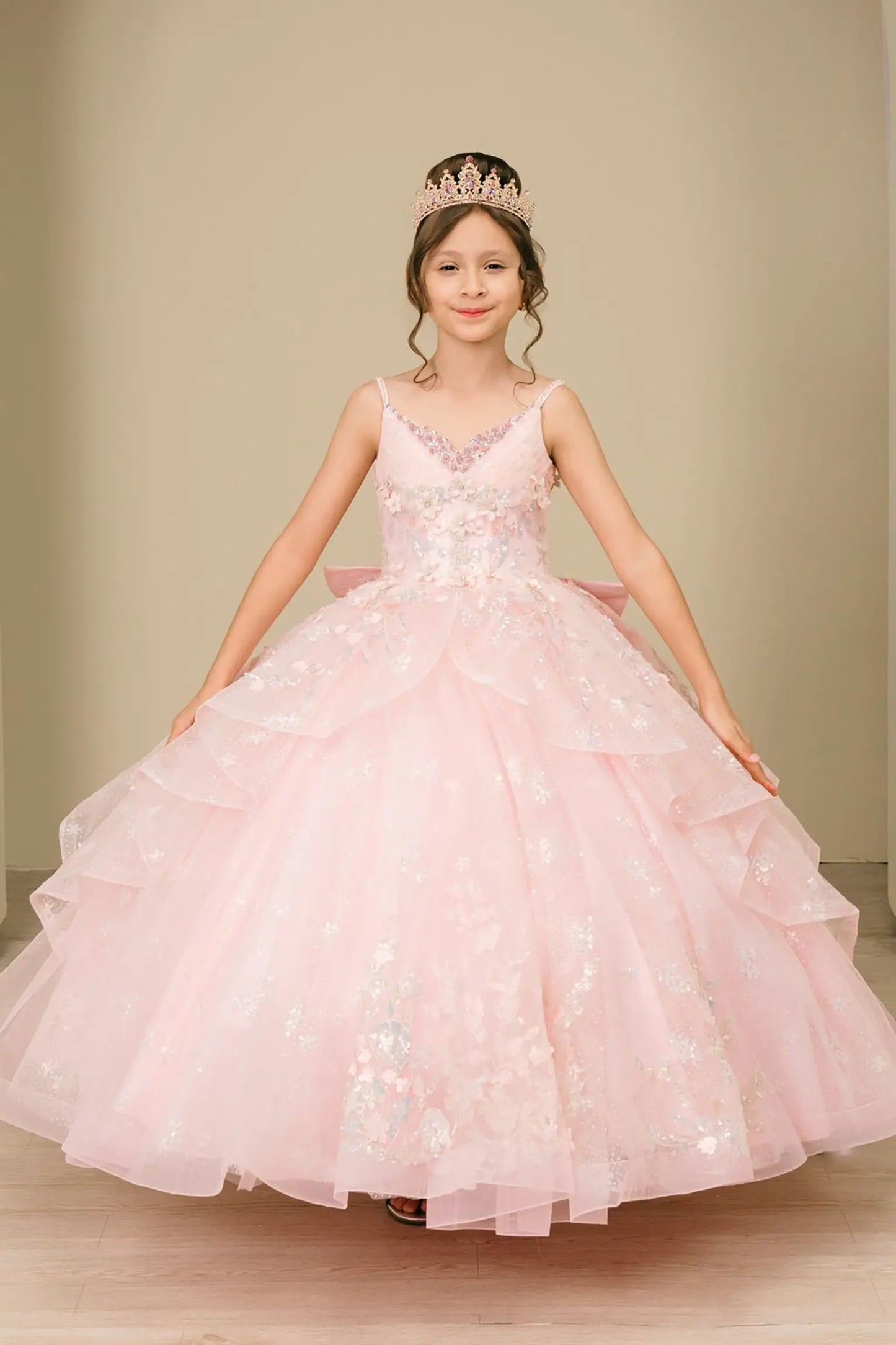 Majestic Pink V-Neck Kid Ball Gown with Sequin Floral Embroidery and Big Back Bow