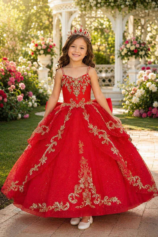 Shown in a front view, the Red mini quince dress has gold embroidered bodice and floral appliques over the full glitter skirt.