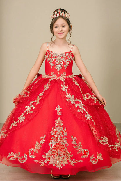 Full front view of a red kids quinceañera dress with layered tulle skirt, gold embroidered bodice, and mini ball gown silhouette.
