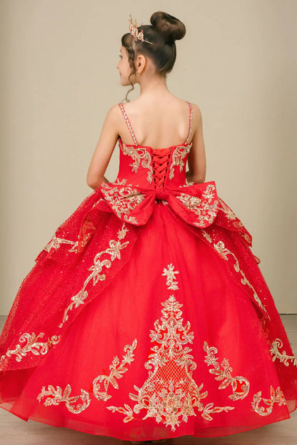 Back view of a red kids quinceañera dress with voluminous layered skirt, lace-up corset closure, and gold embroidered accents.