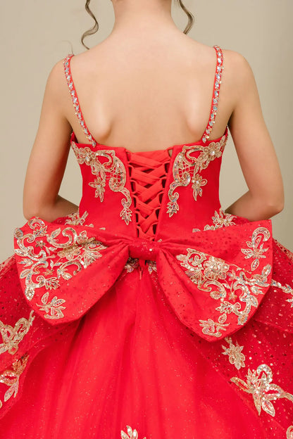 Bodice back close-up of a red kids quinceañera dress with gold embroidery, sequins, and lace-up corset design.