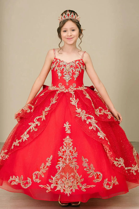 Full front view of a red kids quinceañera mini quince dress with layered tulle skirt, gold embroidered bodice, and mini ball gown silhouette.