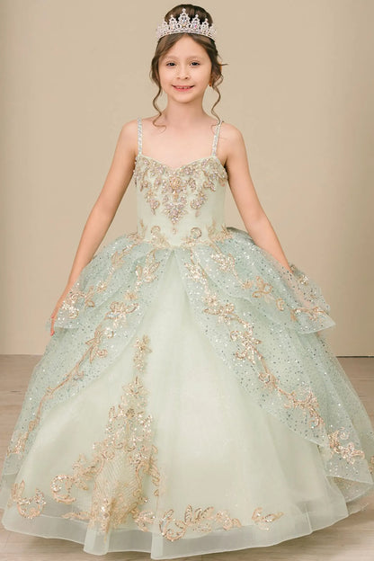 Full front view of a sage kids quinceañera dress with layered tulle skirt, gold embroidered bodice, and mini ball gown silhouette.