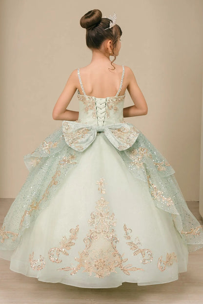 Back view of a sage kids quinceañera dress with voluminous layered skirt, lace-up corset closure, and gold embroidered accents.