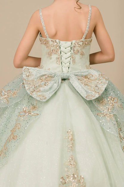 Bodice back close-up of a sage kids quinceañera dress with gold embroidery, sequins, and lace-up corset design.