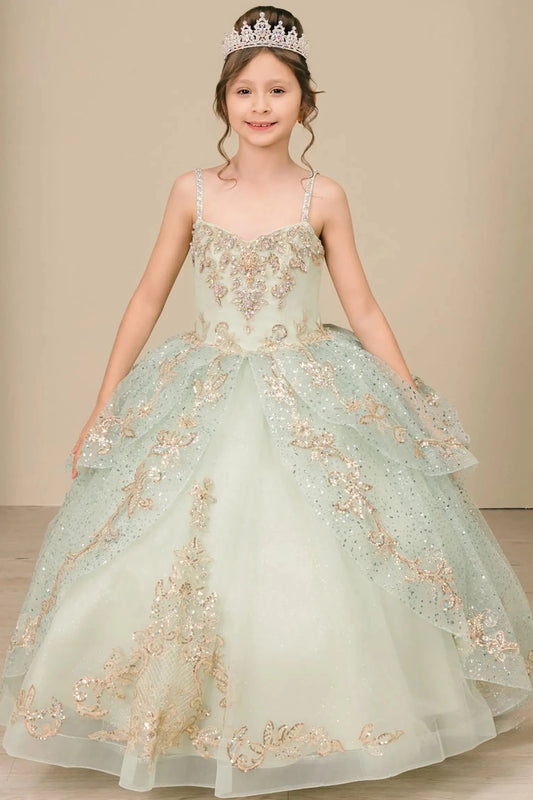 Full front view of a sage kids quinceañera mini quince dress with layered tulle skirt, gold embroidered bodice, and mini ball gown silhouette.